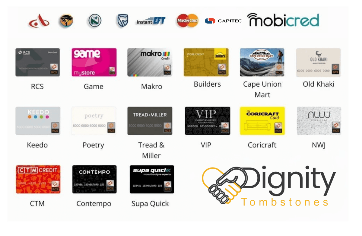 Store cards and payment options accepted at Dignity Tombstones, including RCS