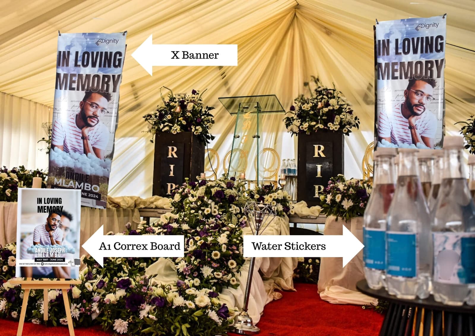 Funeral bonus items: in-loving-memory banners, an X-banner, a Correx board and branded water