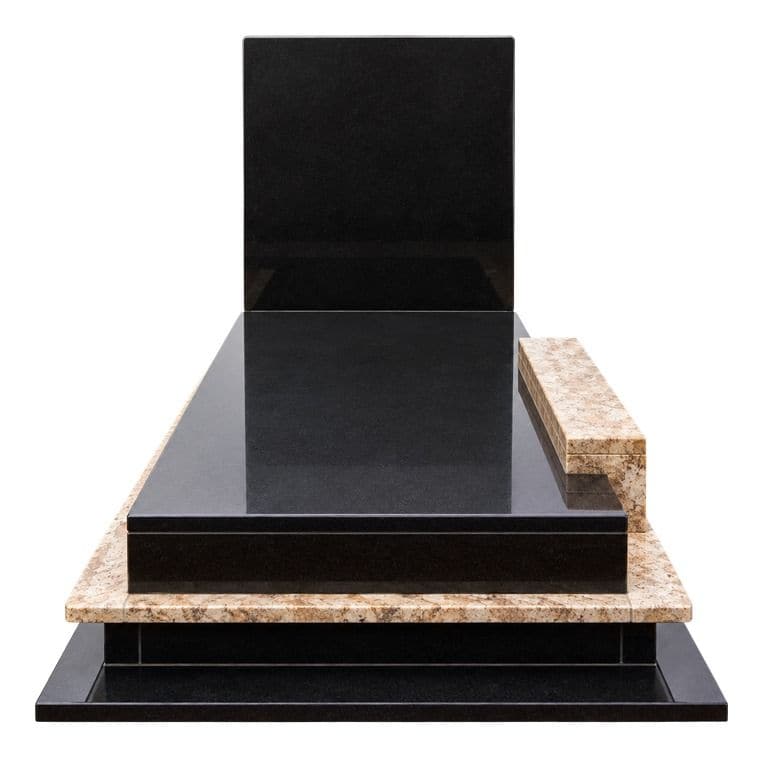 DEX 45 tombstone: tall black granite headstone on a two-tone slab