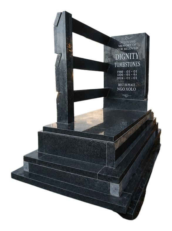 MAX 10 tombstone: upright headstone with a slanted ladder pillar on a three-step black granite base